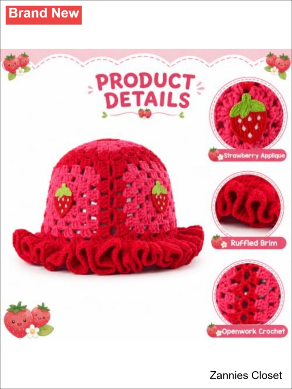 🤠 Hand Crochet Strawberry Bucket Hat Ruffle Brim Knit Costume Cap - Picture 5 of 5